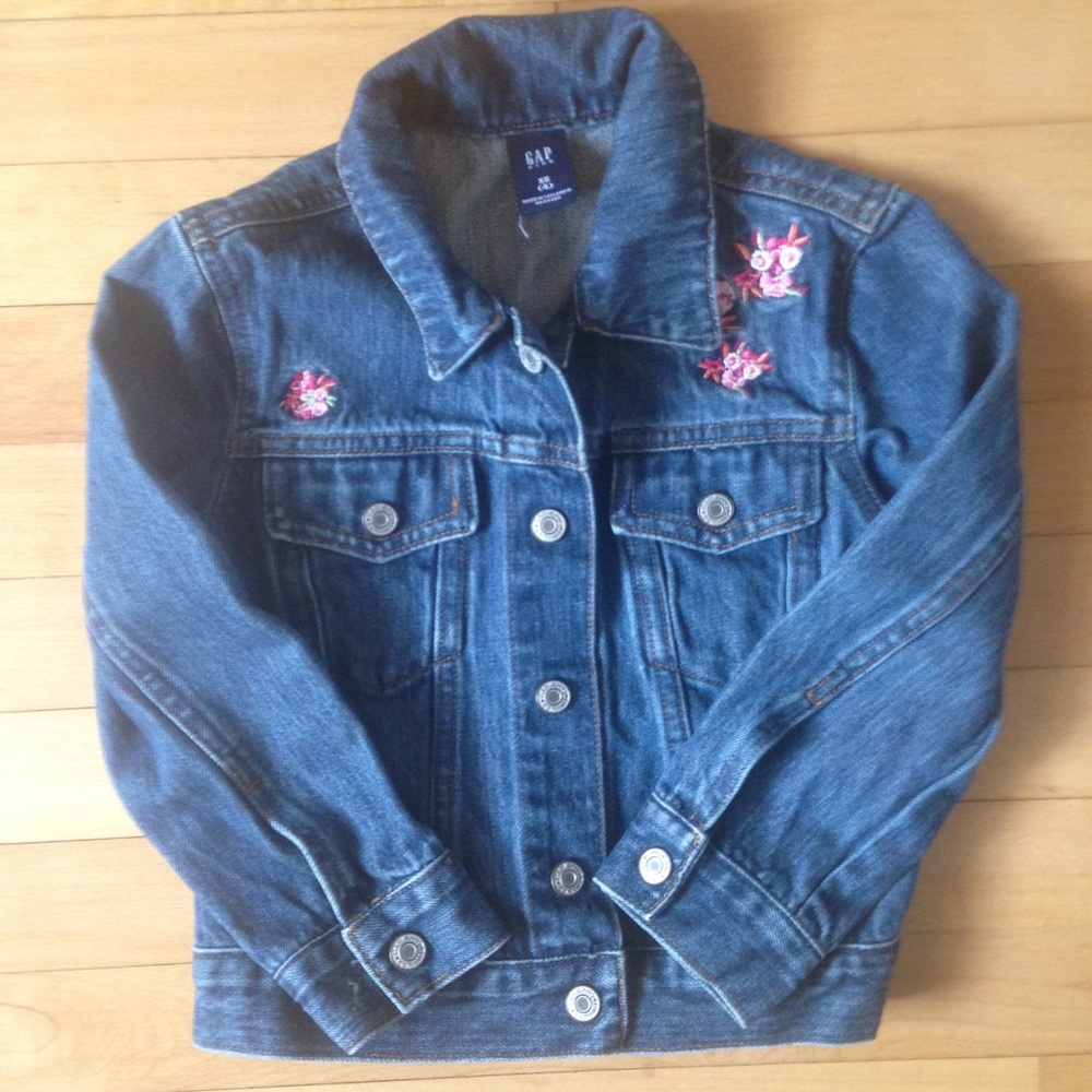 Gap denim jean jacket with pink flower embroidery